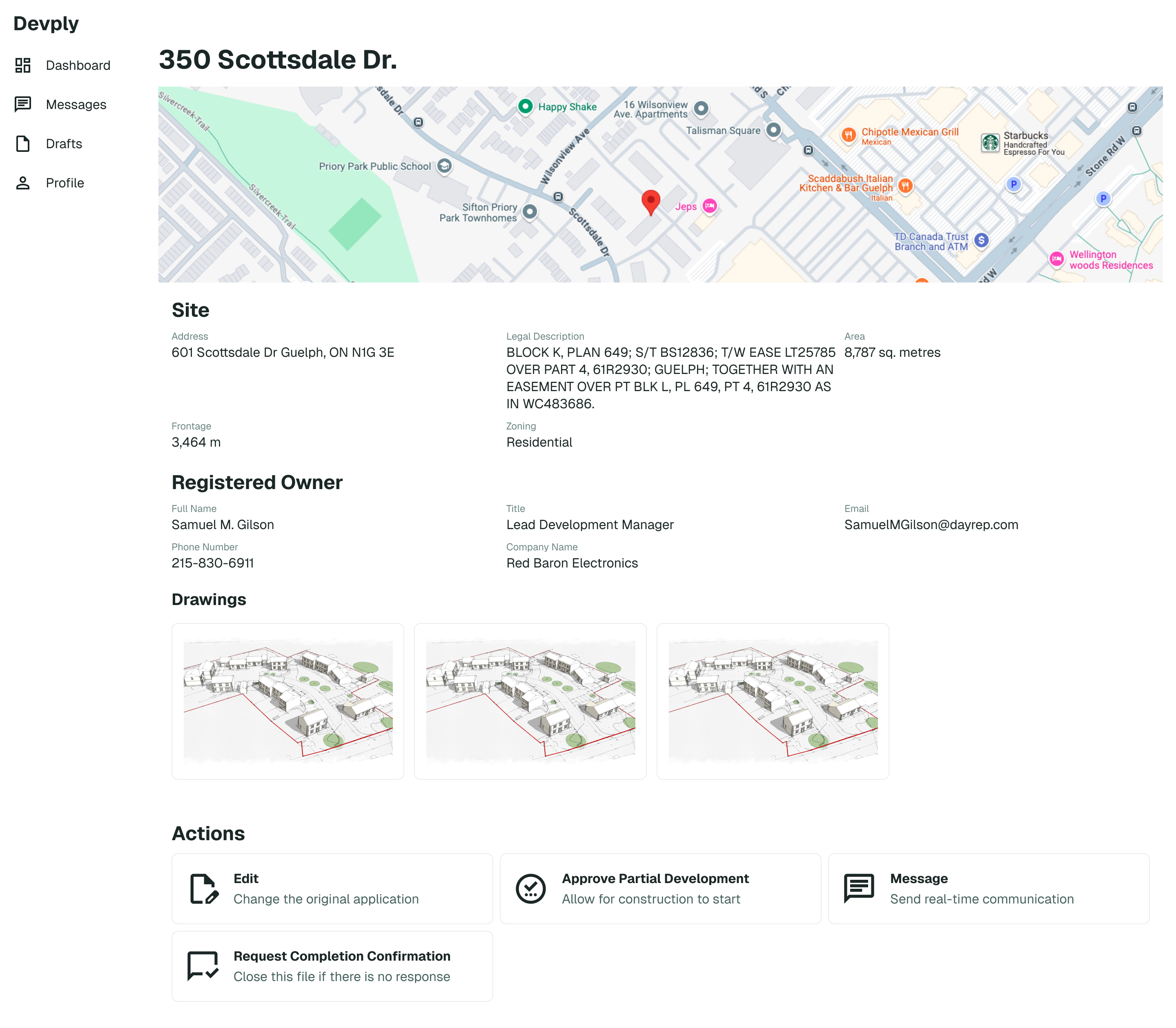 Application summary — site plan, registered owner, drawings and actions